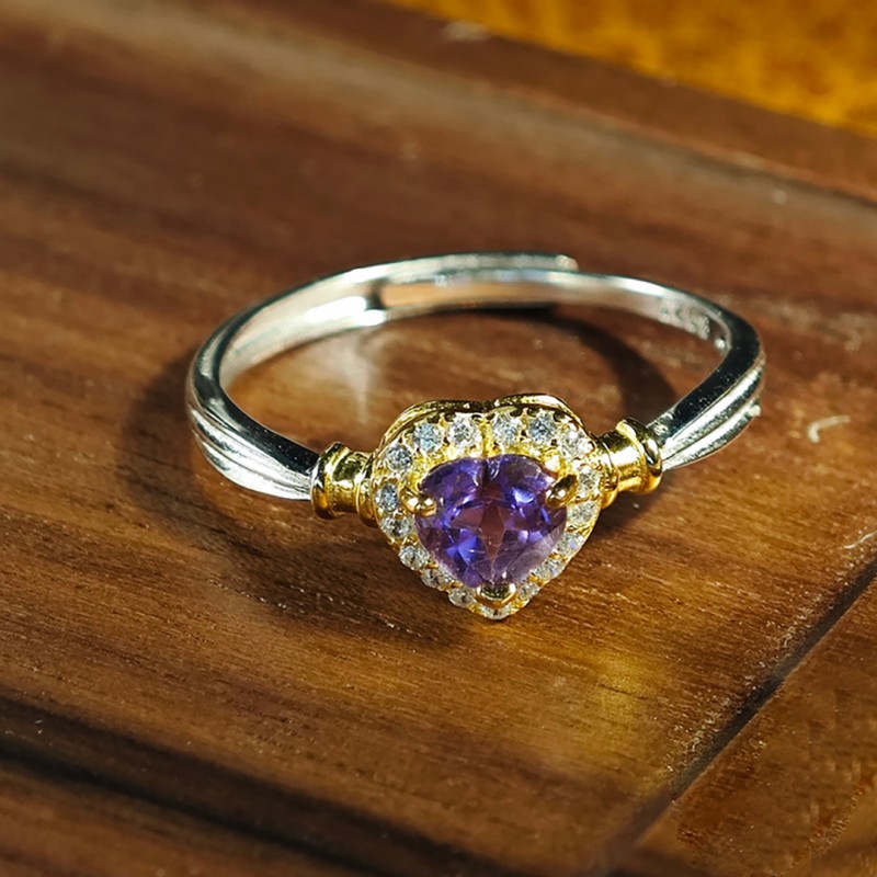 Heart-shaped Purple Crystal Ring with Adjustable Open Band Design