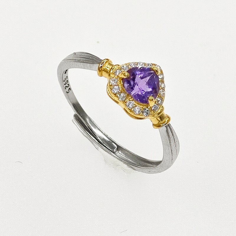 Heart-shaped Purple Crystal Ring with Adjustable Open Band Design