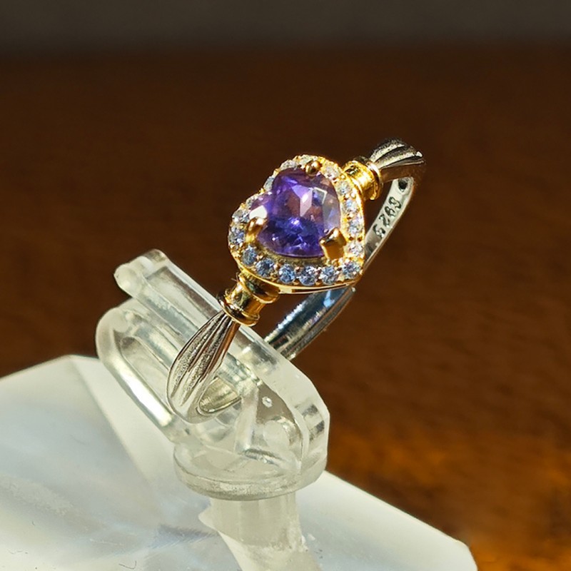 Heart-shaped Purple Crystal Ring with Adjustable Open Band Design