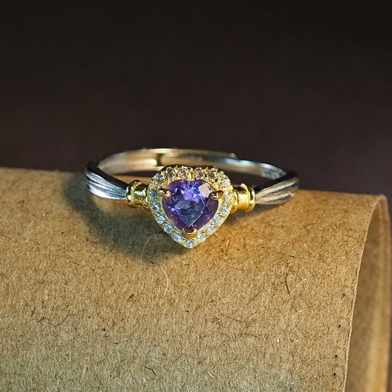 Heart-shaped Purple Crystal Ring with Adjustable Open Band Design