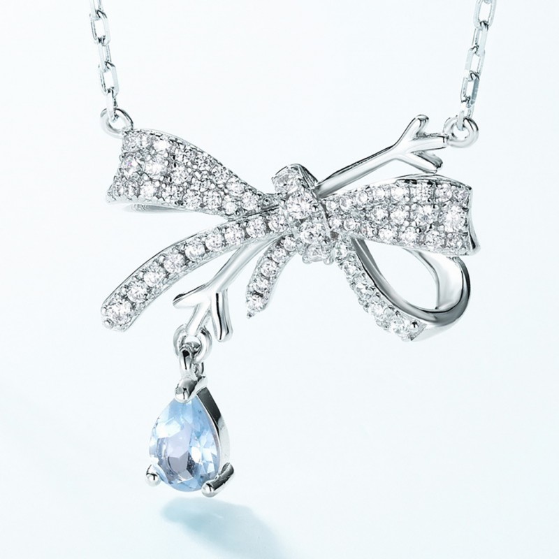 Fashionable Personalized Bowknot Full Diamond Waterdrop Topaz Necklace 