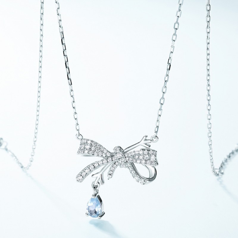 Fashionable Personalized Bowknot Full Diamond Waterdrop Topaz Necklace 