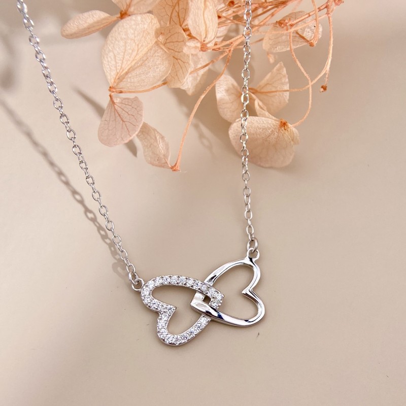 Silver Zircon Double-Line Heart Necklace 