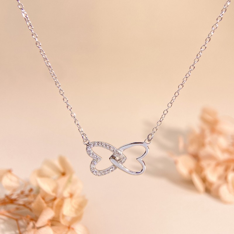 Silver Zircon Double-Line Heart Necklace 