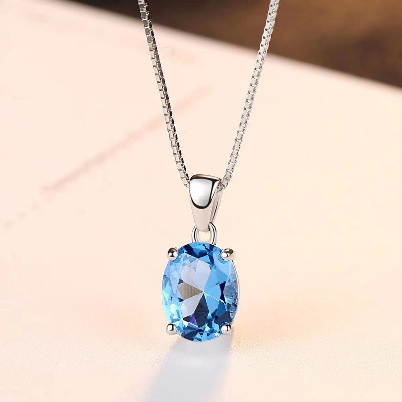 Blue Topaz Pendant Necklace Women's Box Chain Simple Niche