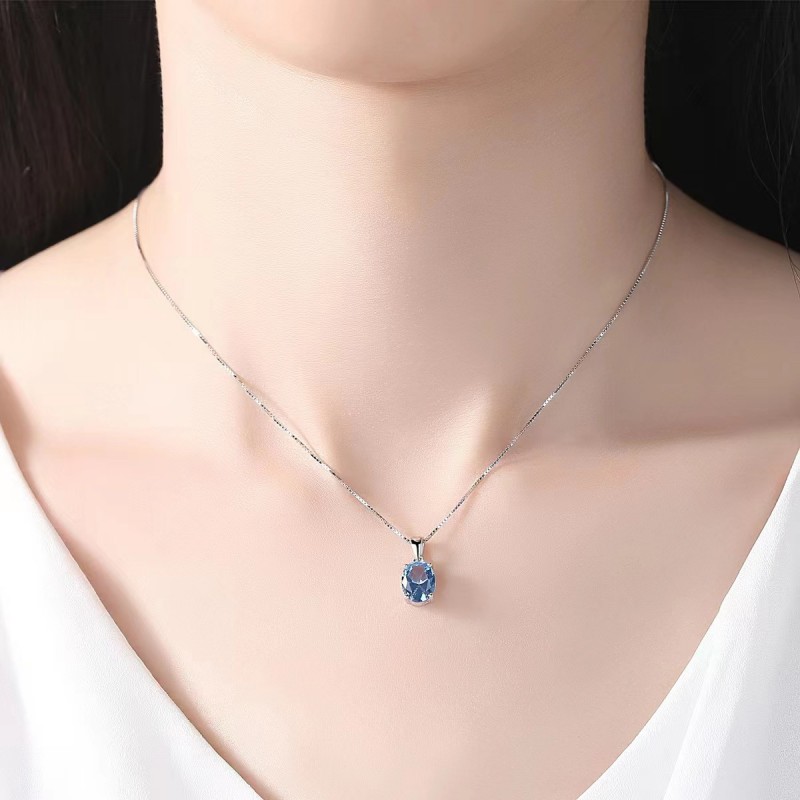 Blue Topaz Pendant Necklace Women's Box Chain Simple Niche