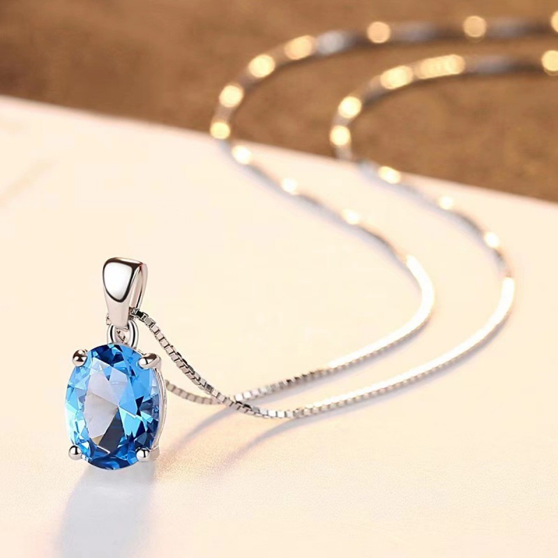 Blue Topaz Pendant Necklace Women's Box Chain Simple Niche