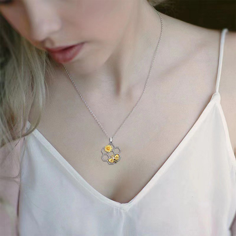 Necklace with Bee Pendant and Hive Charm, Minimalist and Versatile