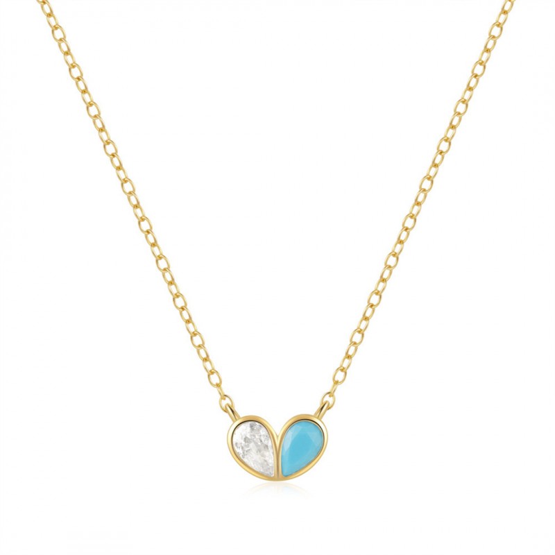 Double Heart Necklace with Zircon and Turquoise Inlay