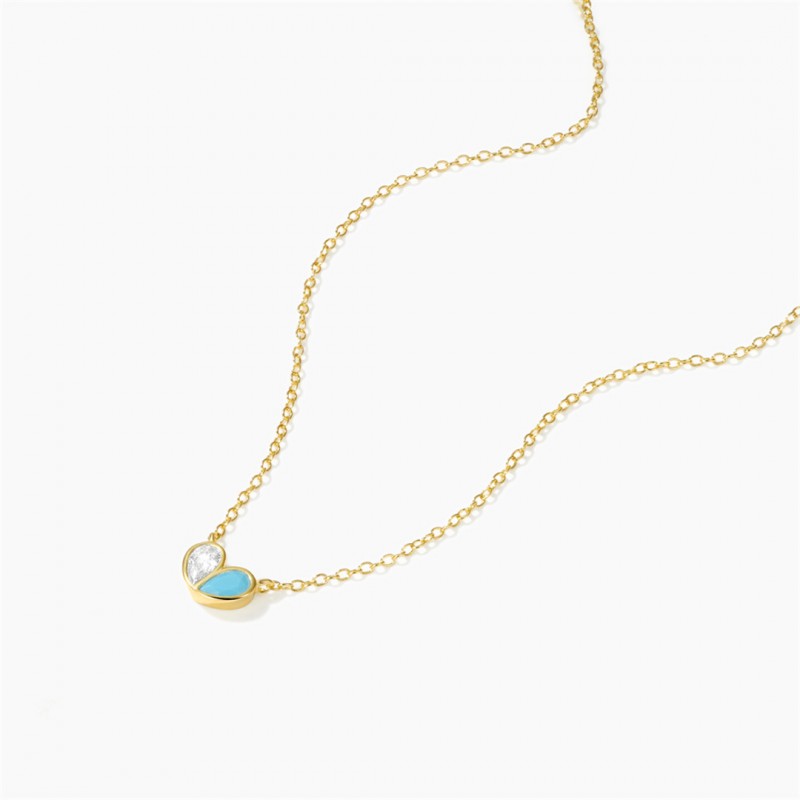 Double Heart Necklace with Zircon and Turquoise Inlay