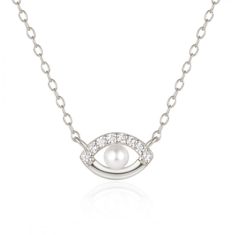 Stylish and Minimalist Evil Eye Necklace with Pearl and Diamond Inlay