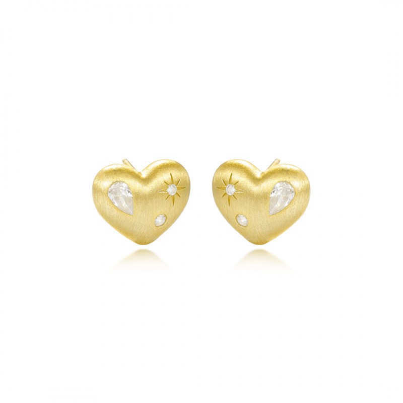 Gold-Plated Heart Brushed Diamond-Set Stud Earrings