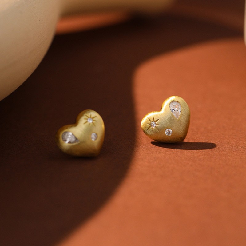 Gold-Plated Heart Brushed Diamond-Set Stud Earrings