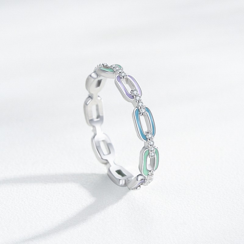 Niche Design Multi-color Enamel Chain Ring with Inlaid Diamonds, Stackable