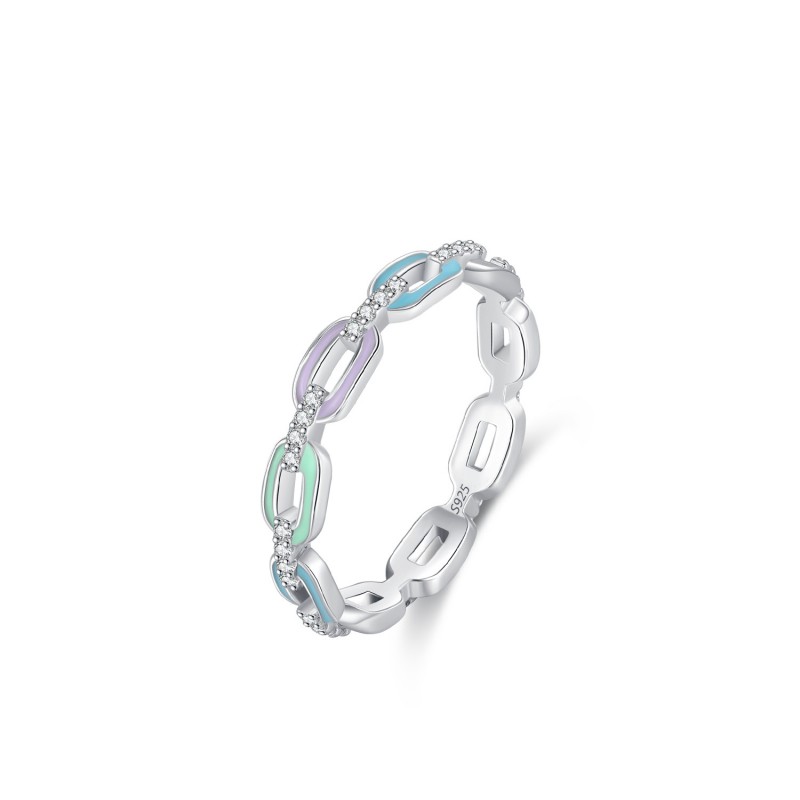 Niche Design Multi-color Enamel Chain Ring with Inlaid Diamonds, Stackable