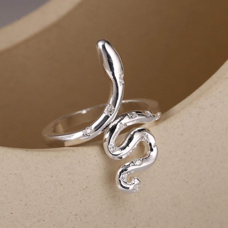 Snake-Shaped Ring with Personality and Inlaid Diamonds, Adjustable