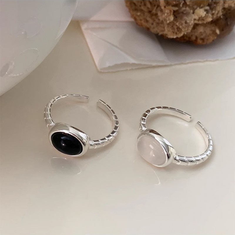 Oval-shaped Agate and White Jade Geometric Pattern Open Ring