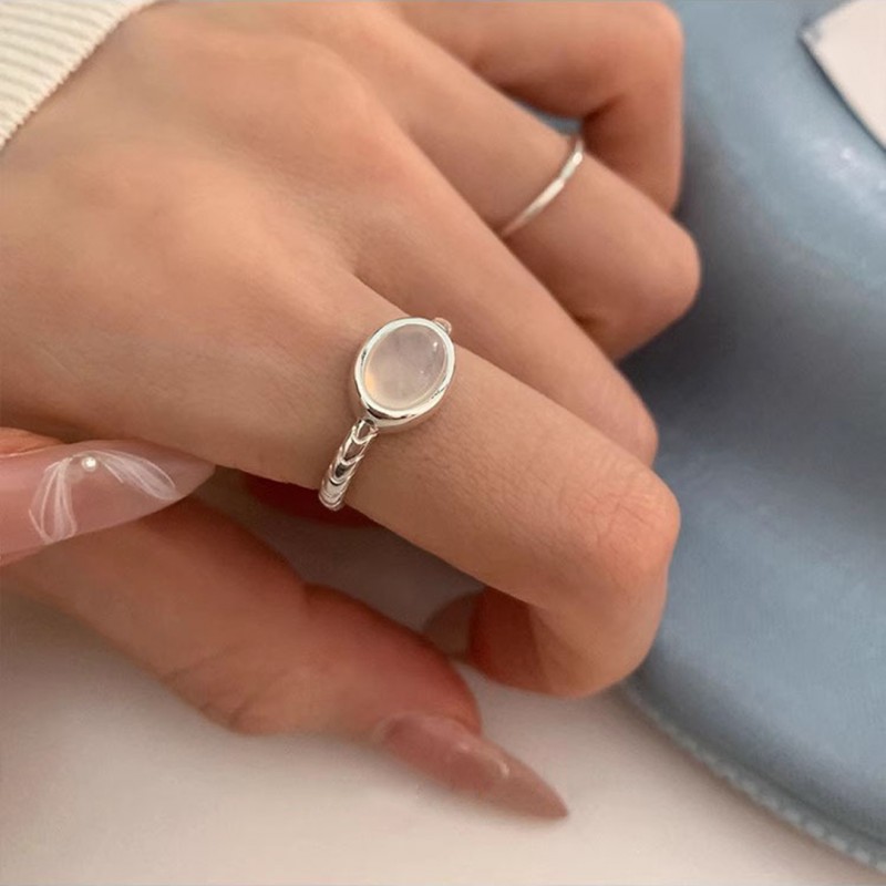 Oval-shaped Agate and White Jade Geometric Pattern Open Ring