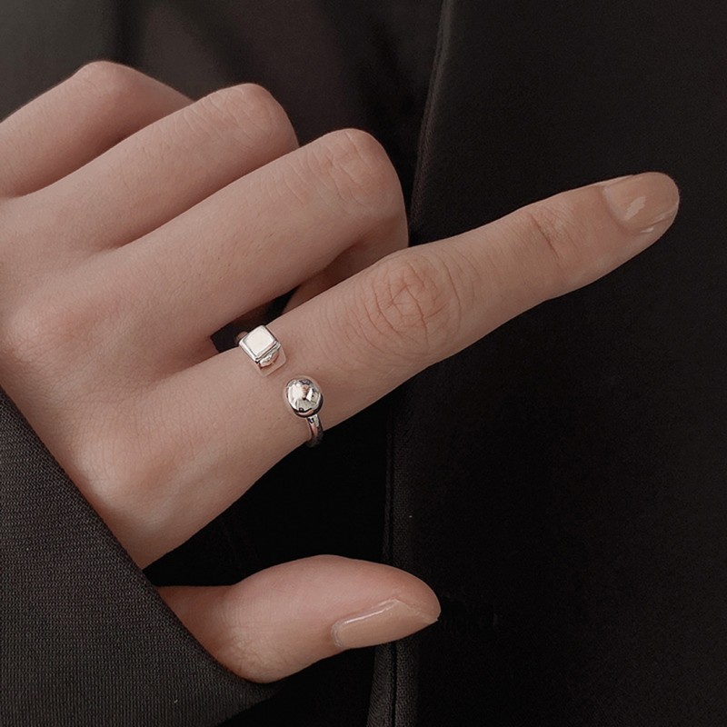 Geometric Square Round Ball Open Ring, Minimalist Design Niche