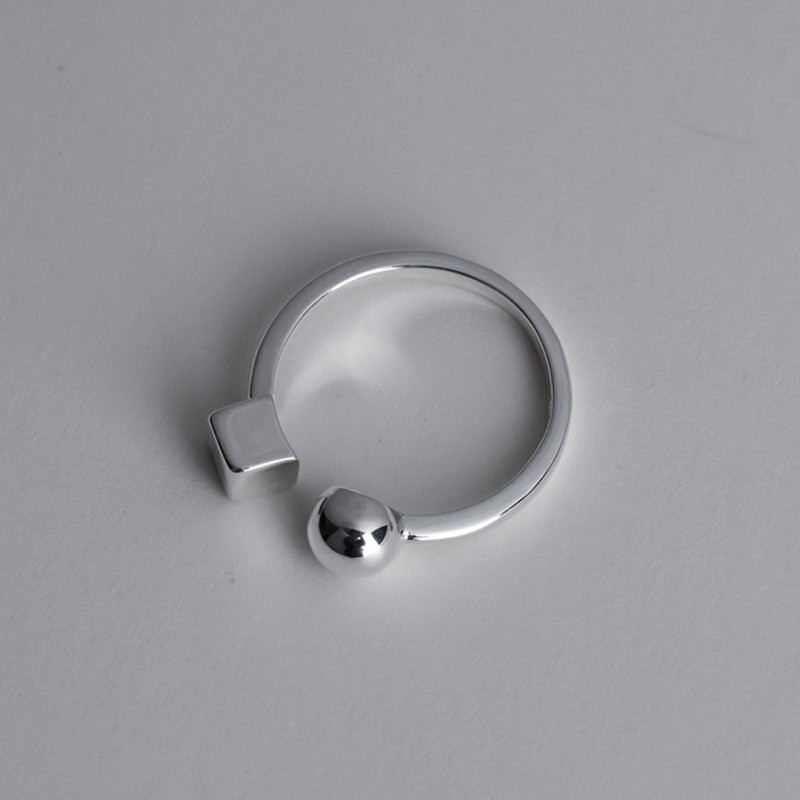 Geometric Square Round Ball Open Ring, Minimalist Design Niche