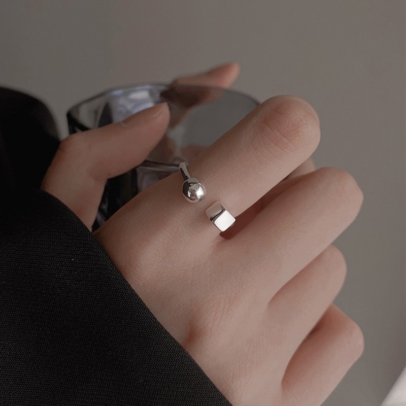 Geometric Square Round Ball Open Ring, Minimalist Design Niche