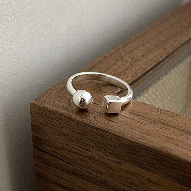 Geometric Square Round Ball Open Ring, Minimalist Design Niche