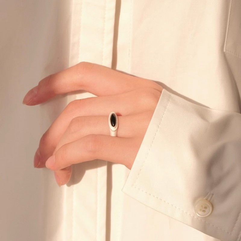 Oval Black Agate and White Jade Open Ring