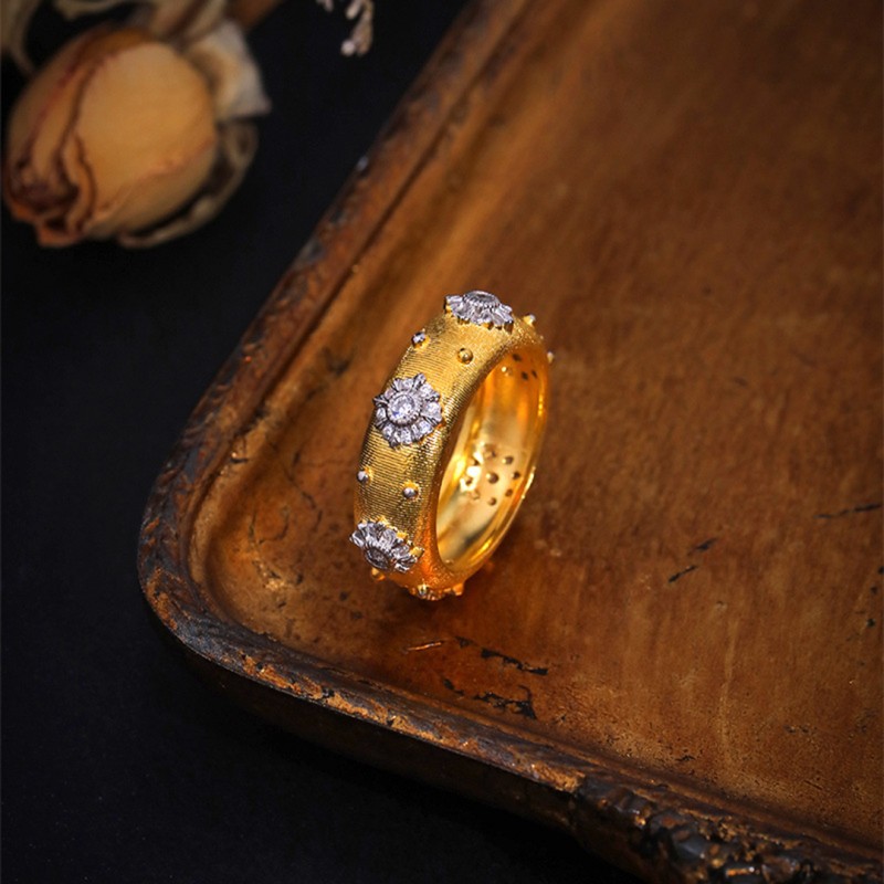 Italian Handcrafted Brushed Zircon Ring, Vintage High-End Gold-Plated Band