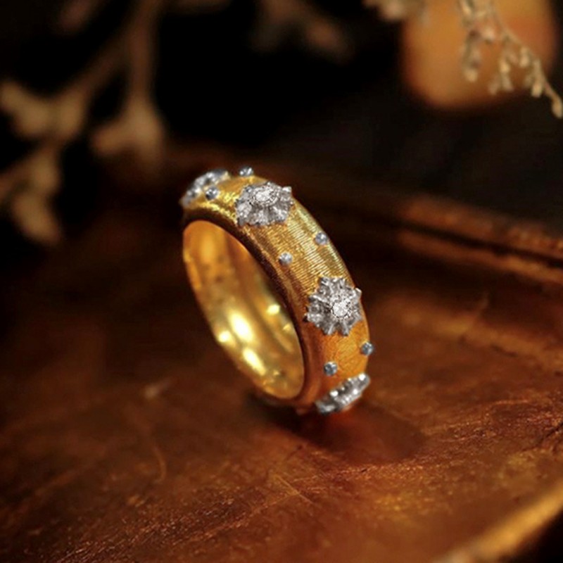 Italian Handcrafted Brushed Zircon Ring, Vintage High-End Gold-Plated Band