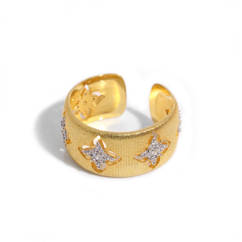 Gold-Plated Italian Vintage Brushed Four-Leaf Clover Zircon Open Ring